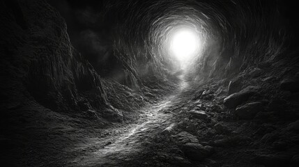 A dark, winding path through a rocky tunnel, the light at the end beckoning the way forward.