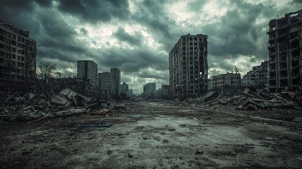 Post Apocalyptic Cityscape with Desolate Street and Burning Debris