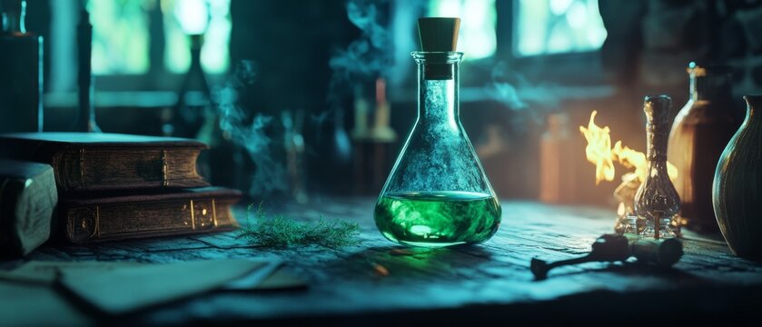 A potion flask filled with green liquid emits a haze, surrounded by books and a warm, inviting atmosphere.