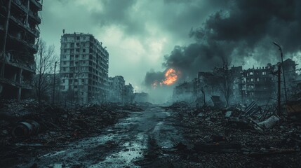 Fototapeta premium Post Apocalyptic Cityscape with Desolate Street and Burning Debris