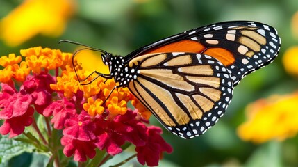 Naklejka premium Butterfly sucking on a Bright Sunlit Bloom 