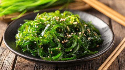 A delicious and healthy wakame seaweed salad with sesame seeds, served on a black plate, with chopsticks resting beside it.