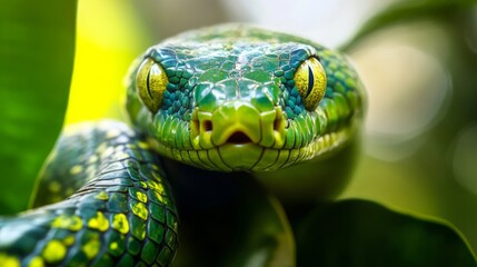 Closeup of a Green Snake in Lush Tropical Foliage