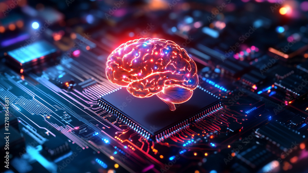 Poster futuristic digital brain illuminated with vibrant colors on microchip representing artificial intell