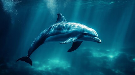 Naklejka premium Graceful Dolphin Swimming Underwater in Dark Blue Ocean