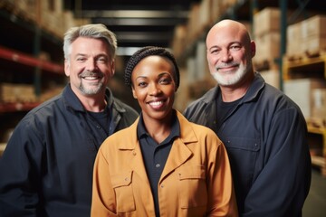 Group portrait of diverse middle aged warehouse workers