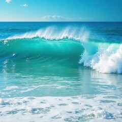 Ocean waves gently rolling on turquoise sea with foamy crest and shimmering blue waters, underwater, wave movement