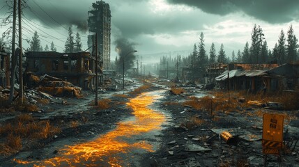 Post Apocalyptic Cityscape with Desolate Street and Glowing Lava Flow