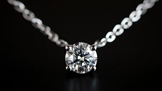 A diamond solitaire pendant on a thin silver chain, photographed in elegant lighting on a black background.