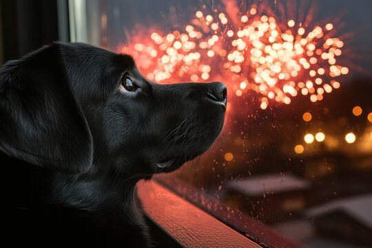 A black dog looks out the window at fireworks in the night sky. - Powered by Adobe