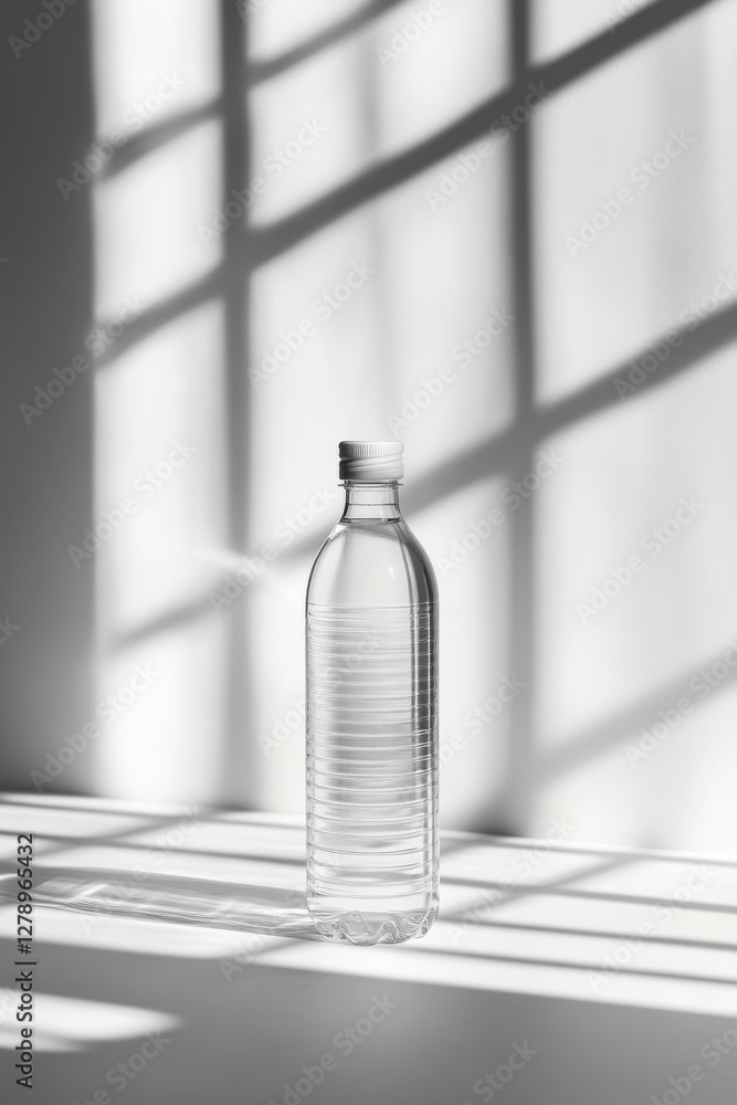 Poster clean transparent bottle displayed upright with soft shadow play in a minimalistic setting