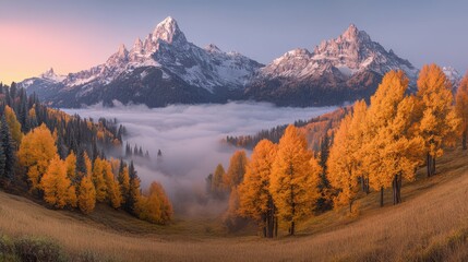 Fototapeta premium Lush mountains shrouded in fog rise above a verdant valley, with trees framing the landscape, creating a serene and mystical atmosphere.