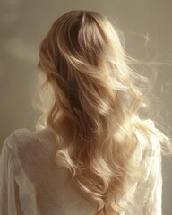 Naklejka premium Elegant Young Woman with Flowing Platinum Blonde Hair in Gentle Breeze Against Soft Natural Light Creating Romantic Atmosphere