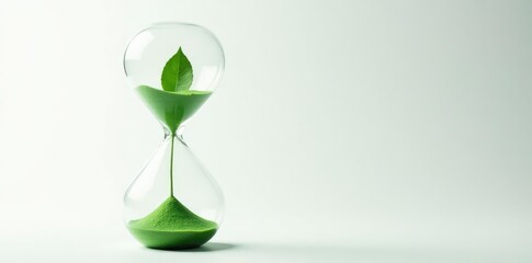 A single emerald leaf inside an hourglass, against a white background, botanical, monochromatic