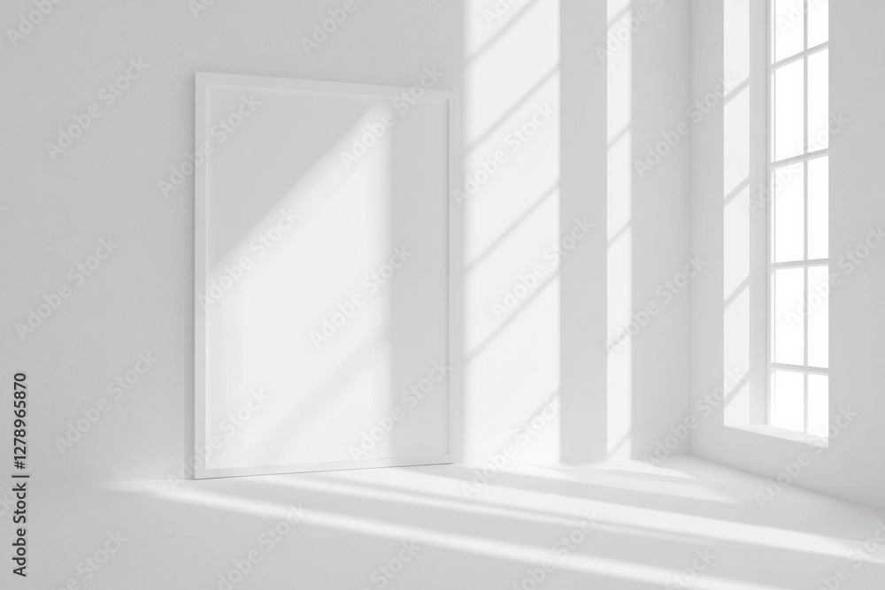 Poster elegant blank white poster frame in minimalistic setting with soft light and window shadows during d