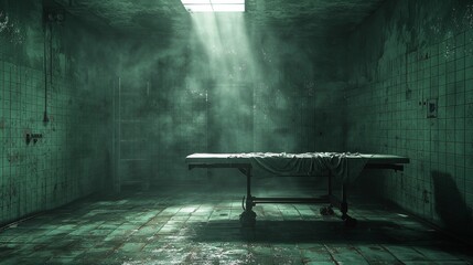Abandoned Hospital Room with Creepy Morgue Table and Dark Green Tiles