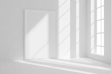 Elegant blank white poster frame in minimalistic setting with soft light and window shadows during daytime