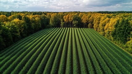 Fototapeta premium Lush field of crops surrounded by trees, showcasing vibrant greenery under a clear sky, illustrating the harmony of agriculture and nature.