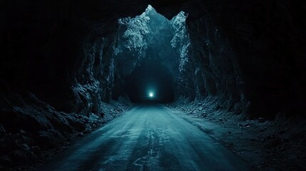 A dramatic shot of a dark road inside a rocky tunnel, with a piercing light shining from the end.