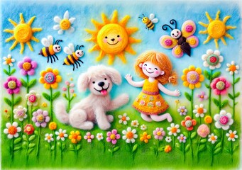 Felt Dog and Child in Flower Garden