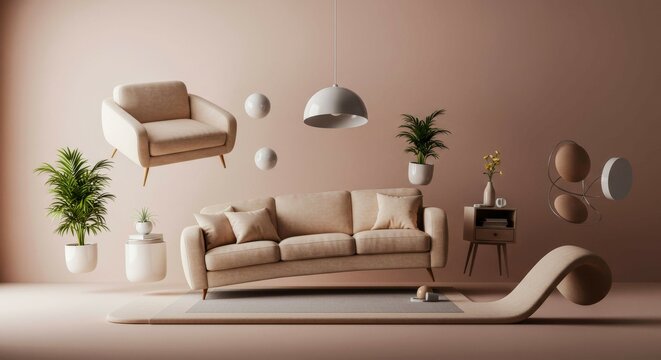 A living room with a couch, chair, and potted plants. The couch is in the air, and the chair is also floating. The potted plants are scattered around the room, and there are two vases on the floor