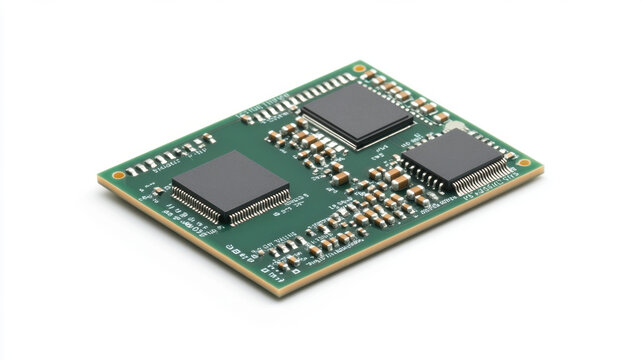 Processor green board isolated on a white background. 3d illustration. rectangular green PCB board.
