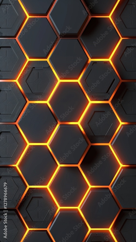Poster a black and orange hexagonal pattern with a black background
