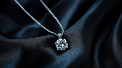A fashion-forward jewelry shot featuring a modern cut diamond pendant on a black silk background.