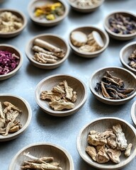 A close-up of herbal medicine ingredients, including dried roots and flowers, arranged in small bowls