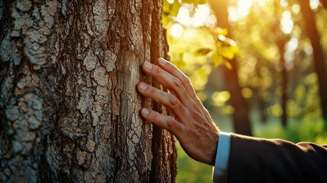 Human hand touches tree against green nature background. Unity and harmony of man with nature.