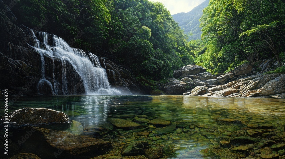 Poster a painting of a waterfall with a river flowing through a forest