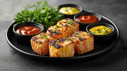 A plate of grilled corn on the cob with ketchup, mayonnaise, and mustard sauce in small bowls, served as an American street food or party snack