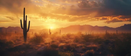 Fototapeten Epic Sunset Over Texas Desert Mountain Range with Dramatic Cloud Formation and Lone Cactus Silhouette © Bijac