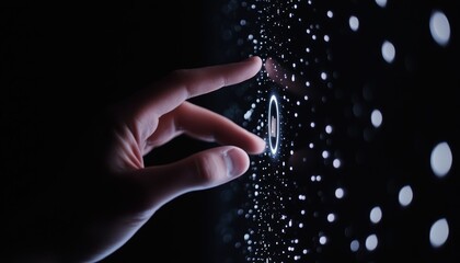 Close-up of a hand touching a virtual AI button, futuristic data flow and digital archives, symbolizing artificial intelligence in information processing