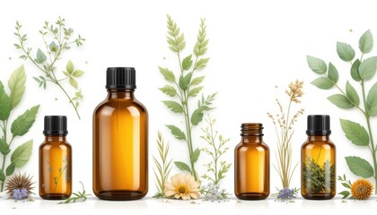 Fototapeta premium Natural herbal essence bottles surrounded by fresh leaves and flowers in an aesthetic arrangement for wellness and beauty