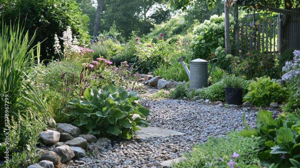 Poster a serene garden setting with tools and gloves resting near flowerbeds and a watering can.