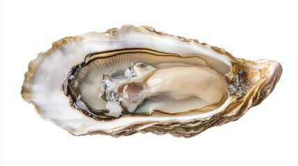 A freshly shucked oyster with intricate shell details and tender meat, isolated sharply against a white background.