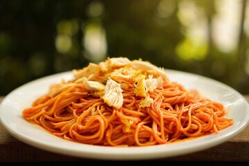 A plate of spaghetti pasta.