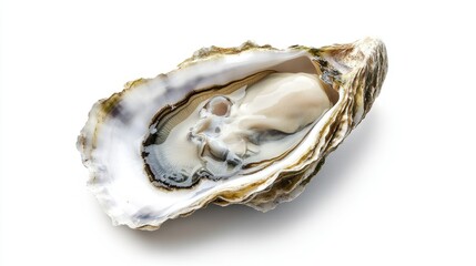 Naklejka premium A fresh, raw oyster served naturally in its shell, with smooth textures and a pearly sheen, isolated on a white background.