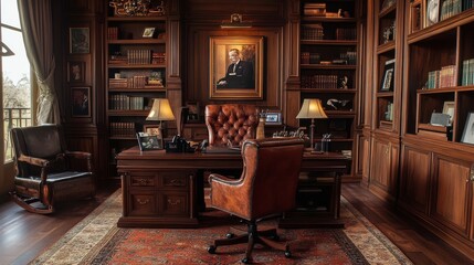 Elegant wooden office with a classic desk, bookshelves, and a portrait in a serene setting