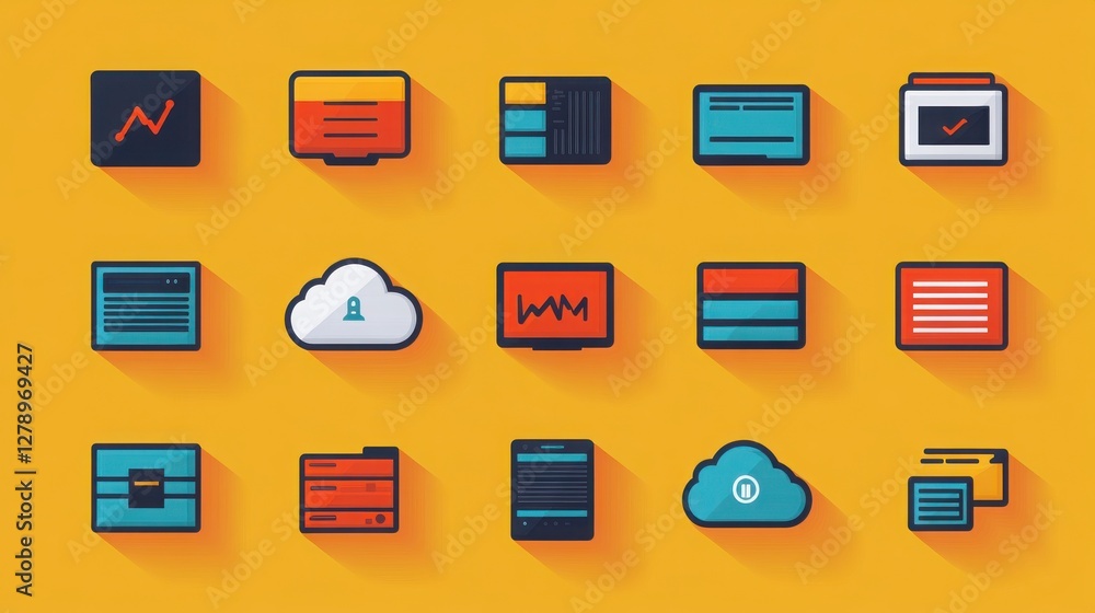 Poster a vibrant collection of flat design icons representing data, analytics, and cloud computing on a yel