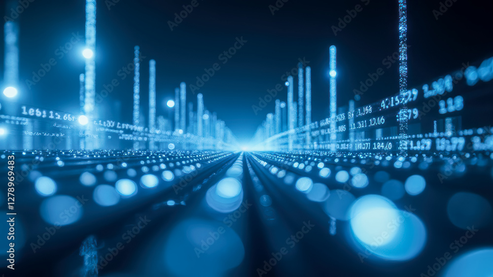 Poster futuristic digital landscape with blue data streams and glowing binary code in a virtual environment
