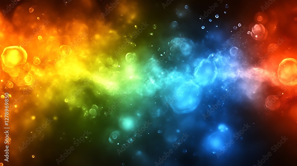 Poster abstract multicolored background with glowing orbs, nebula texture and light effects