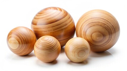 Set of wooden spheres in various sizes, isolated on white background for design purposes.
