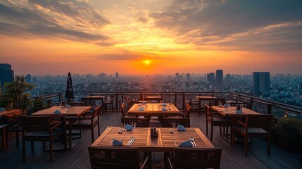 Luxury Rooftop Restaurant With Cityscape View At Sunset. Fine Dining In The City.