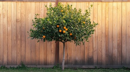 Fototapeta premium A single orange tree growing in a backyard, surrounded by a fence. 
