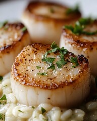A close-up of seared scallops on a bed of risotto, garnished with parsley