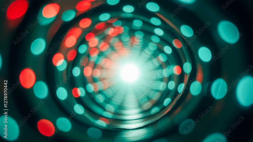 Poster colorful circular light pattern with bright center creating a hypnotic depth effect in a spiral tunn