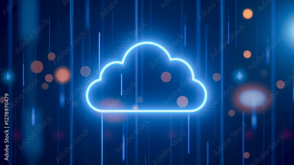 Poster glowing cloud icon with digital rain effect in a futuristic blue environment for technology and data