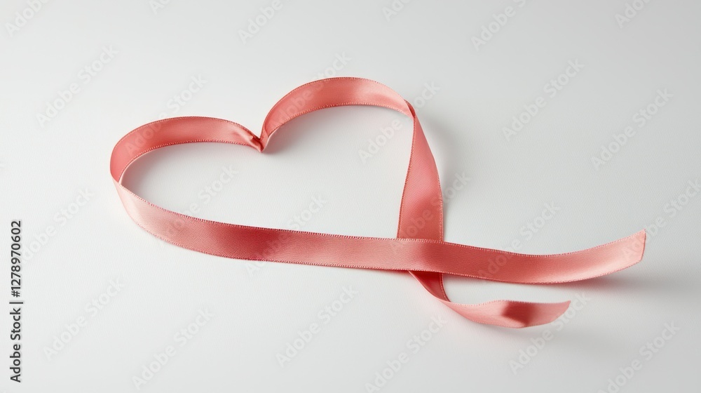 Poster a single pink ribbon forming a heart shape on a plain white backdrop.